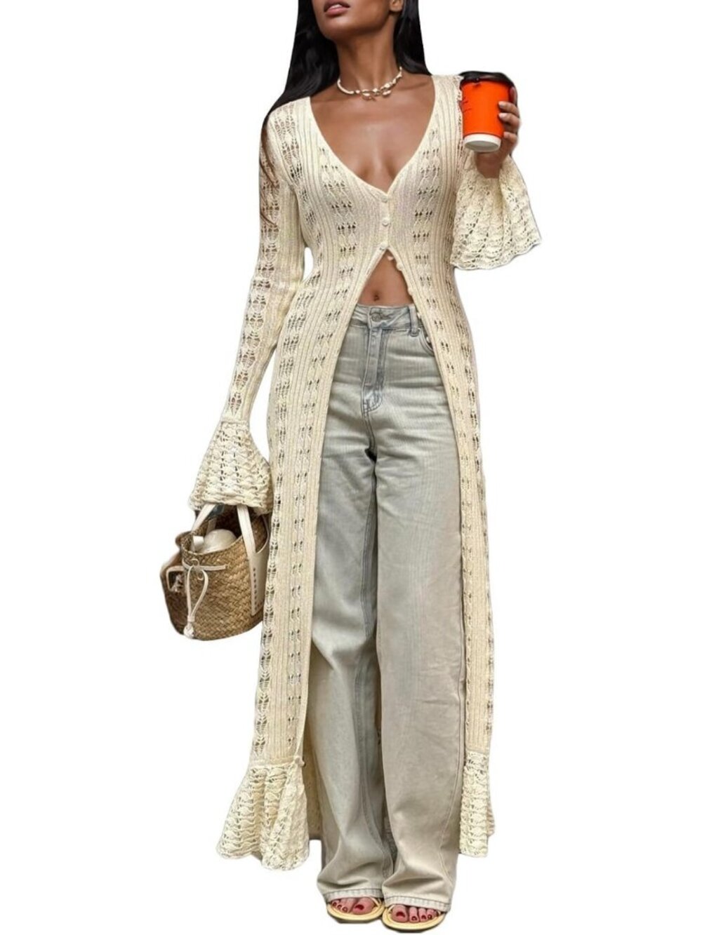 Chic Long Cardigan for Women - Crochet Knit Sweater Cover-Up, Maxi Dress, Button